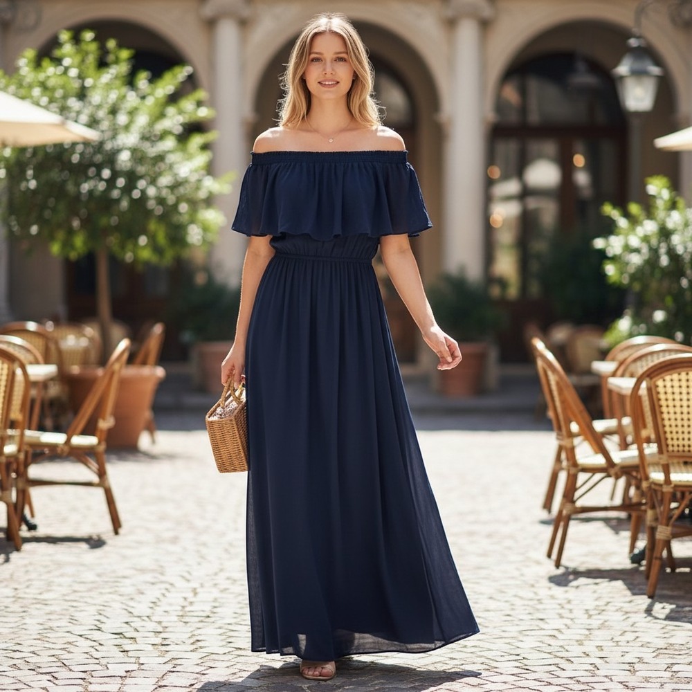 Show Me Your Mumu Hacienda Maxi Dress Womens Medium Navy Blue Off Shoulder‎